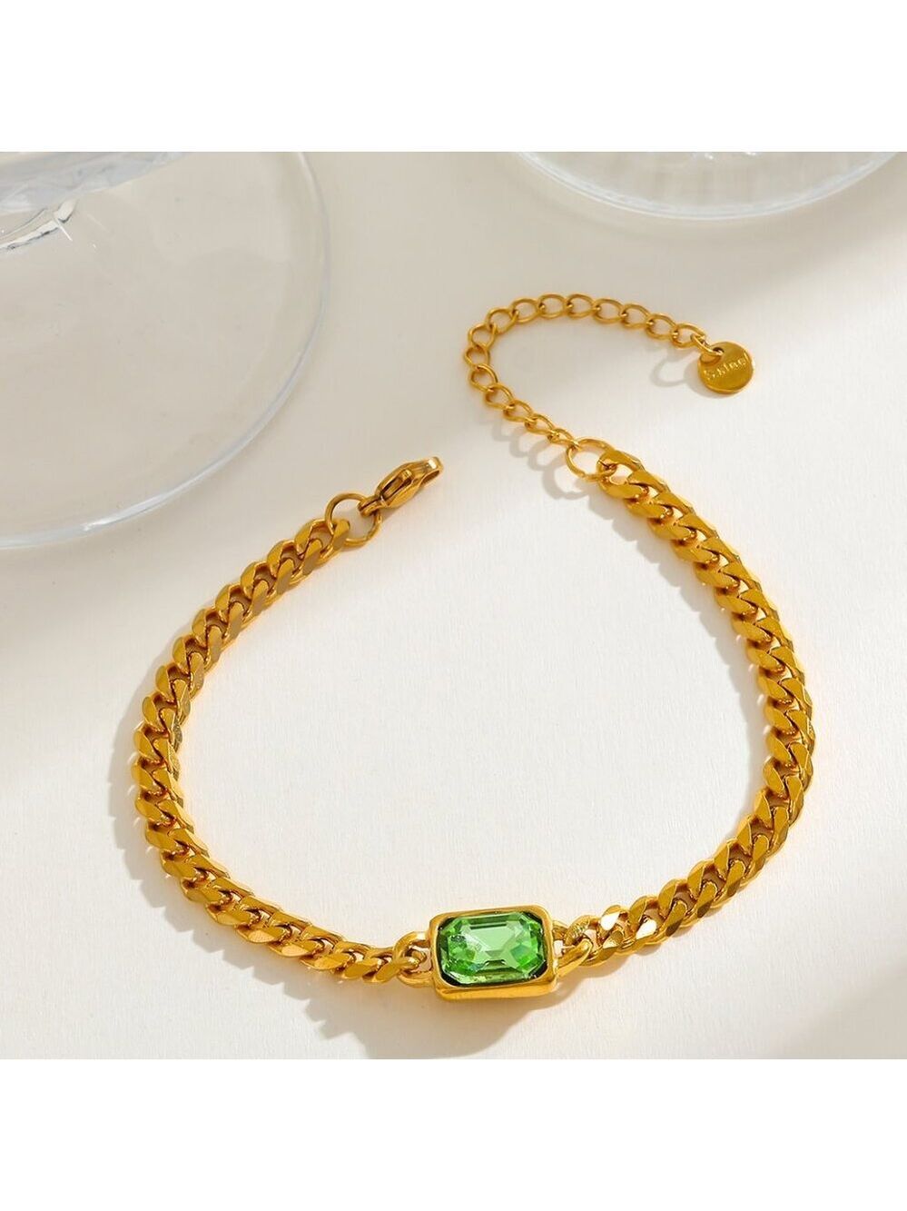 18K Gold Plated Simulated Emerald Chain Bracelet, Stainless Steel